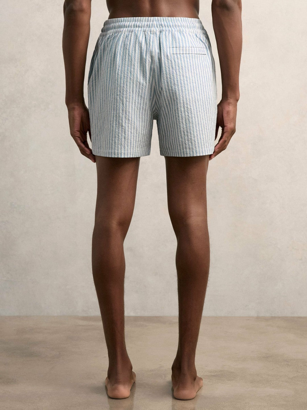 Men Seersucker Stripe Swim Shorts in Soft Blue/White
