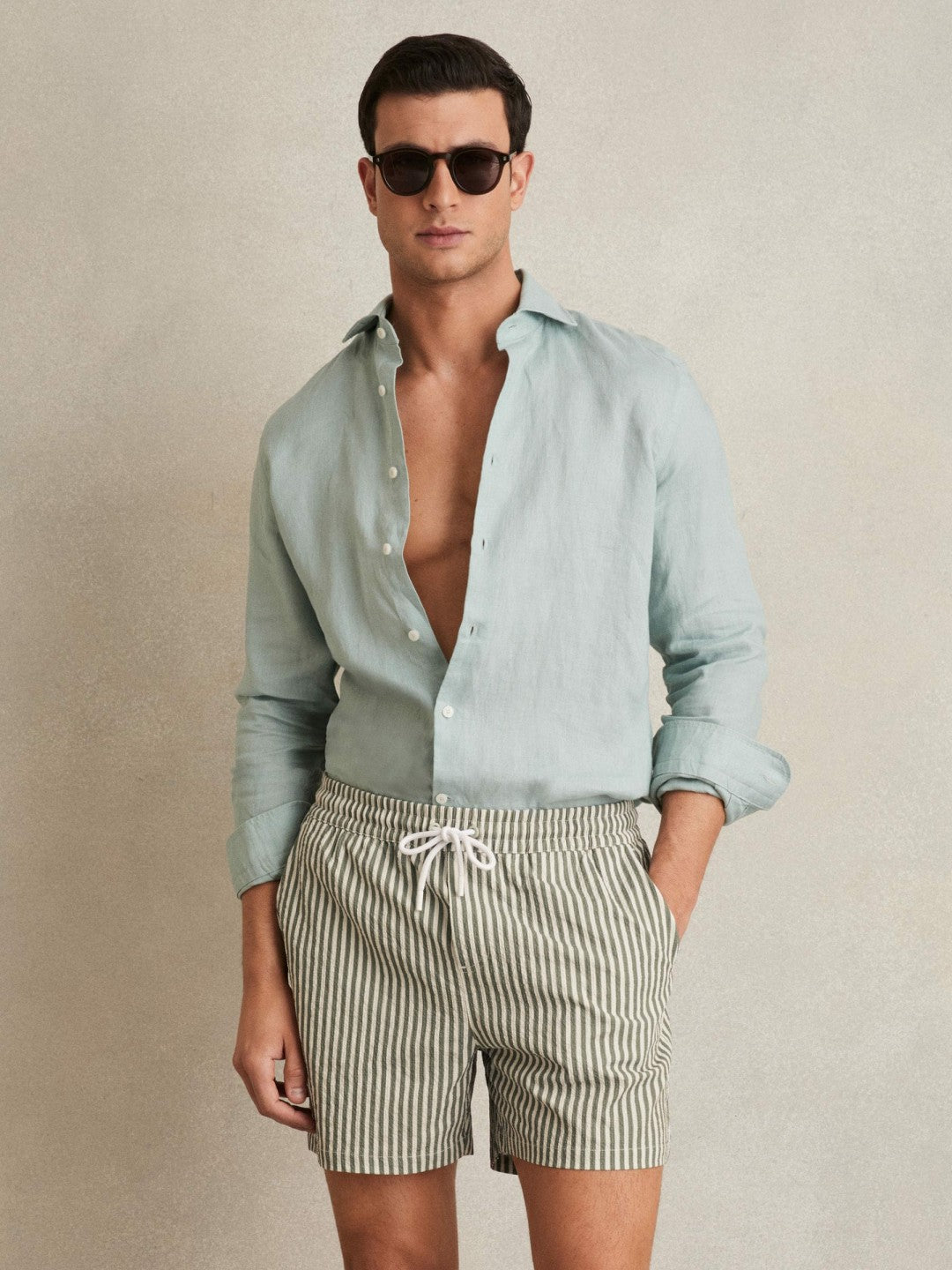 Men Seersucker Stripe Swim Shorts in Sage/White
