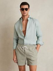 Men Seersucker Stripe Swim Shorts in Sage/White