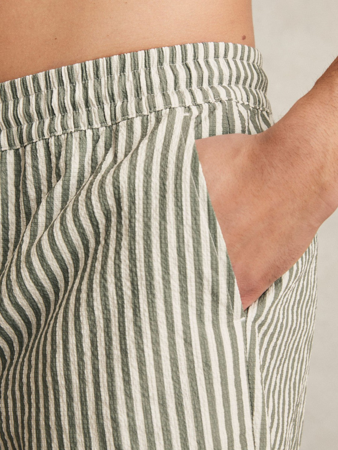 Men Seersucker Stripe Swim Shorts in Sage/White