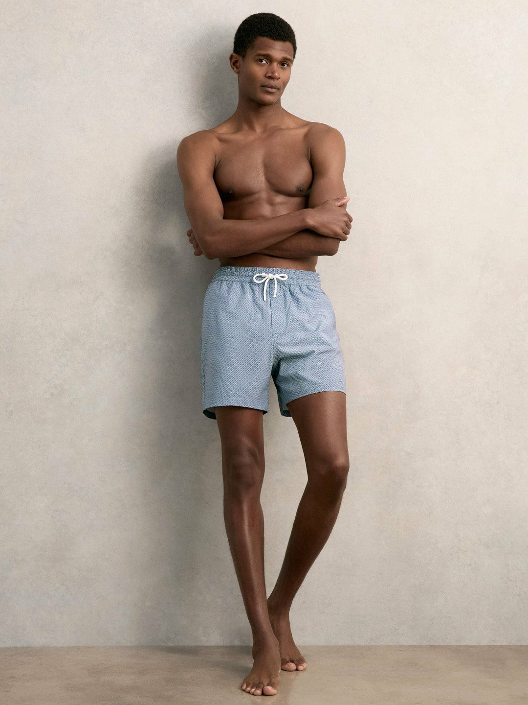 Men Drawstring Geometric Print Swim Shorts in Airforce Blue