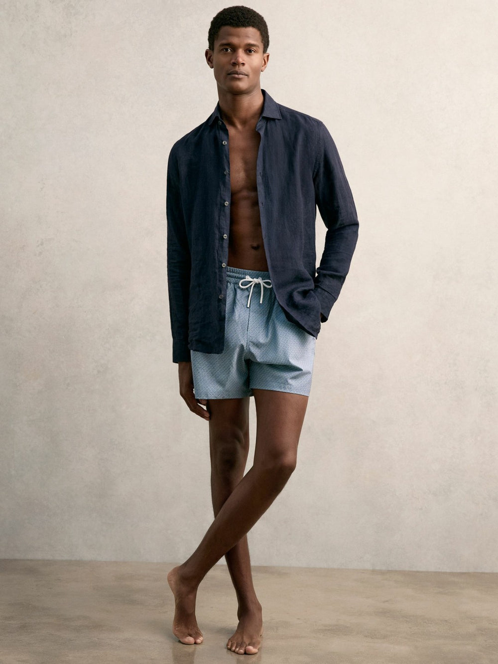 Men Drawstring Geometric Print Swim Shorts in Airforce Blue
