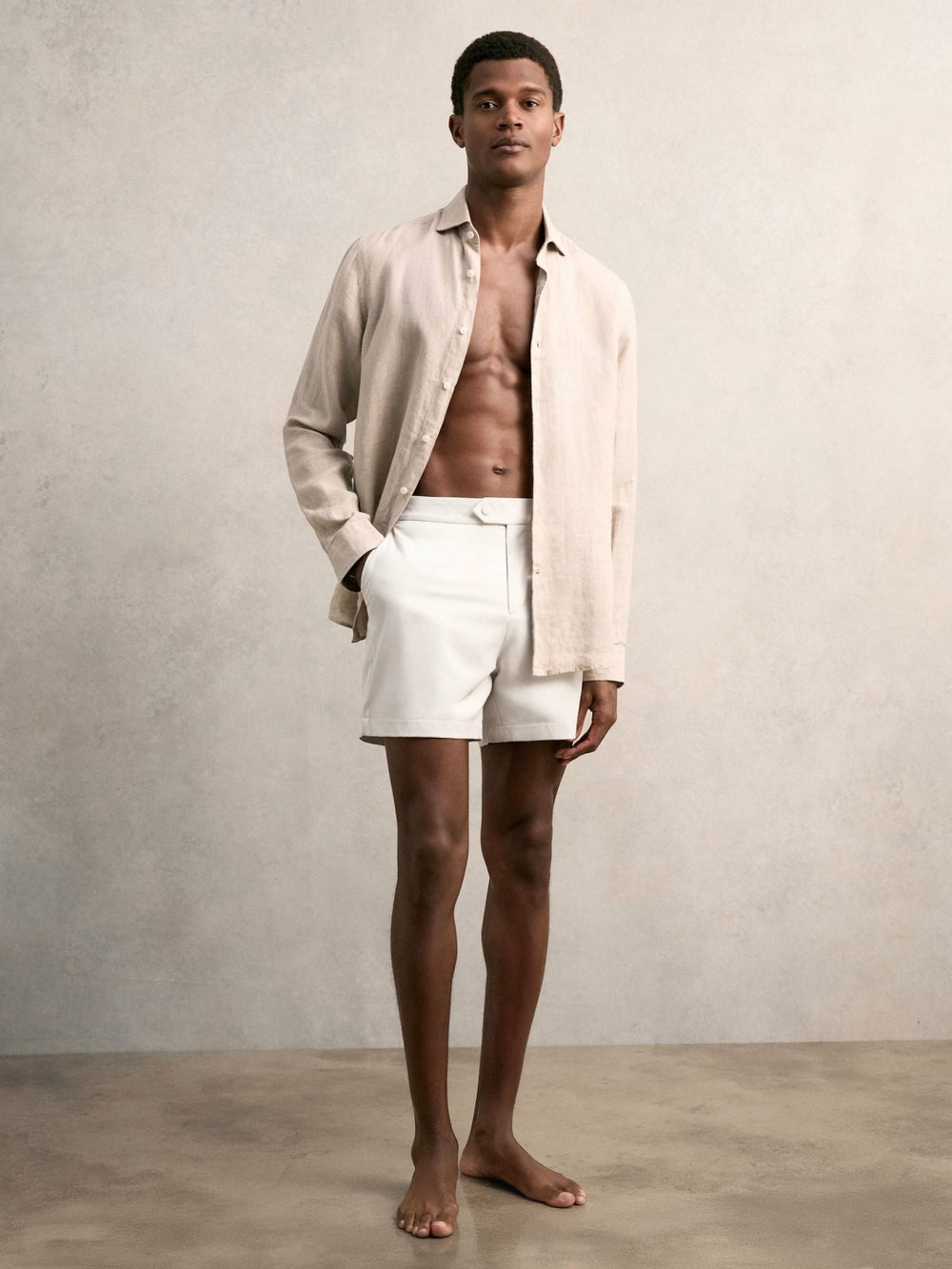 Men Side-Adjuster Swim Shorts in Off White