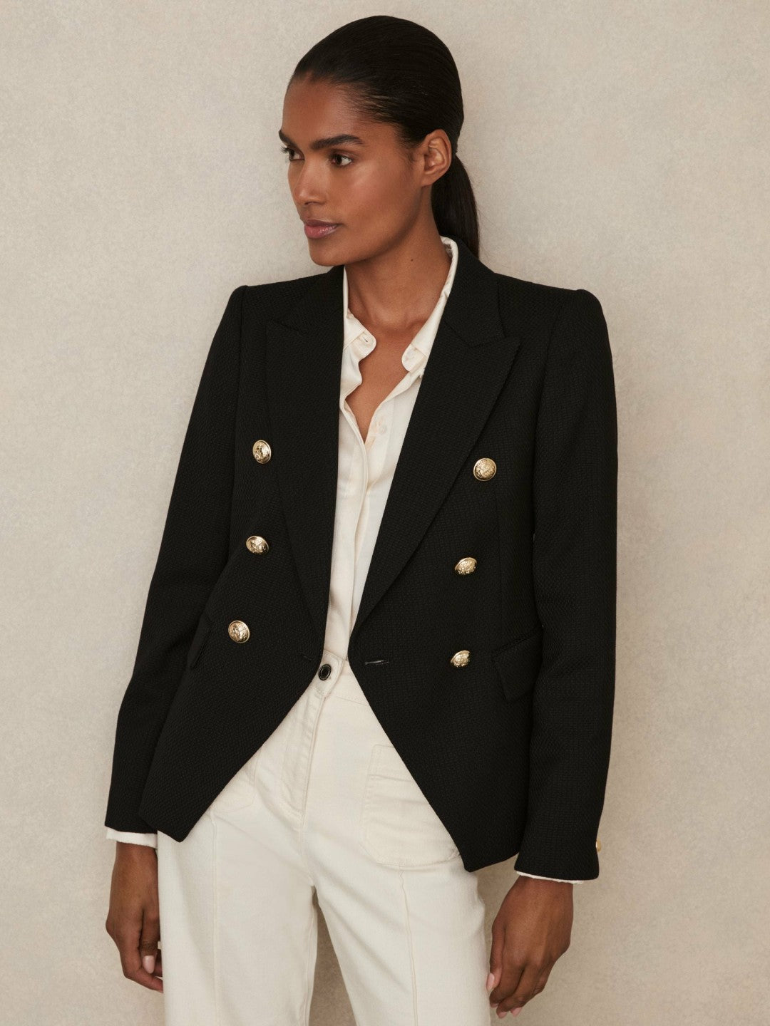 Women Tailored Fit Textured Double Breasted Blazer in Black