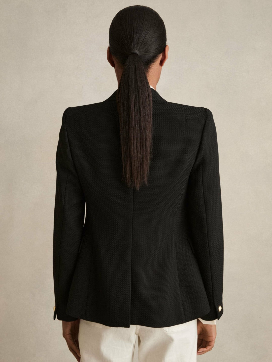 Women Tailored Fit Textured Double Breasted Blazer in Black