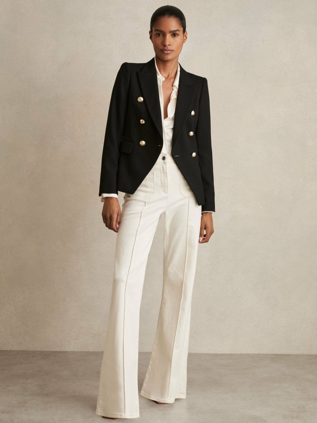 Women Petite Tailored Fit Textured Double Breasted Blazer in Black