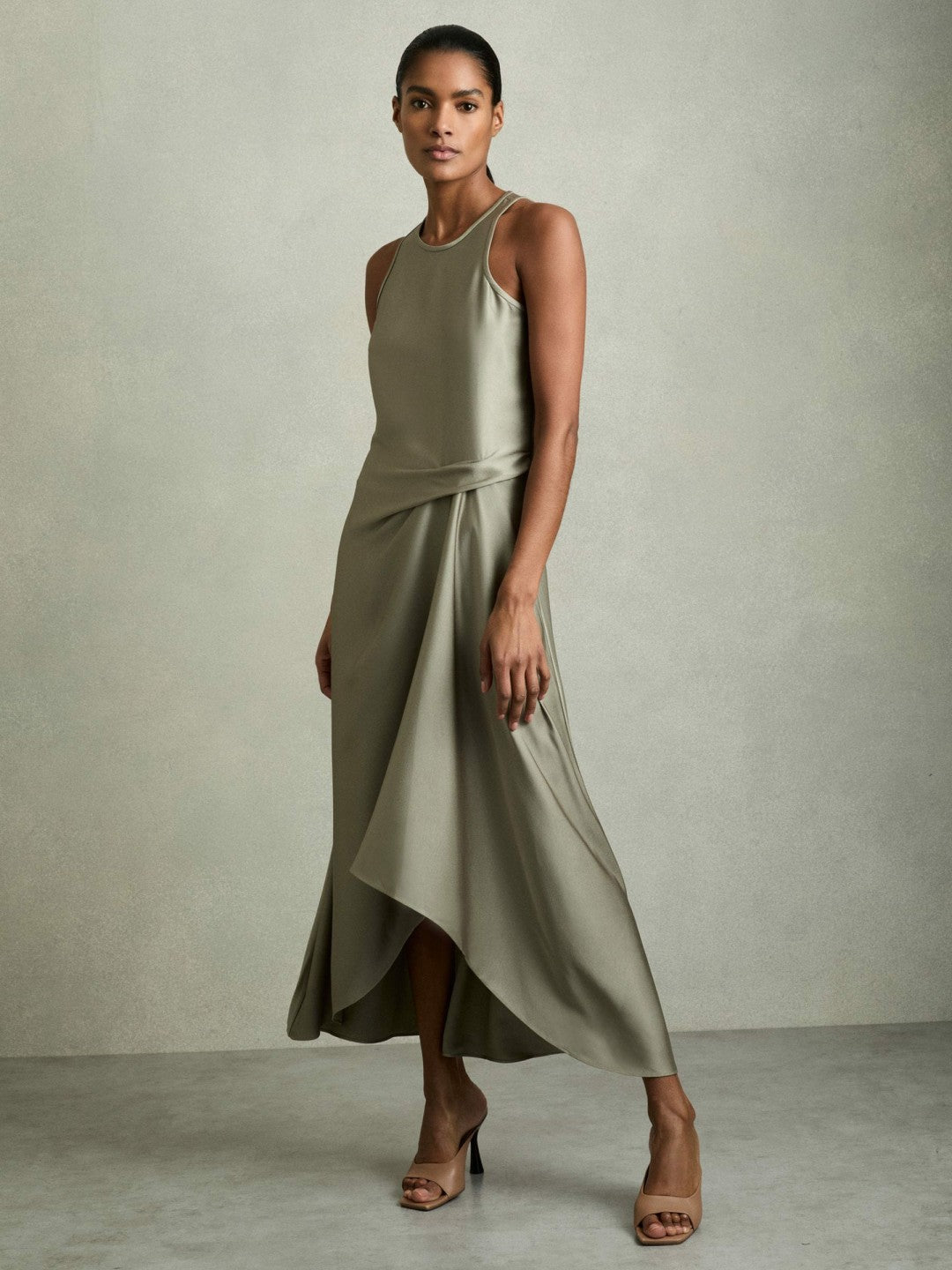 Women Satin Drape Tuck Midi Dress in Khaki