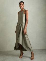 Women Satin Drape Tuck Midi Dress in Khaki