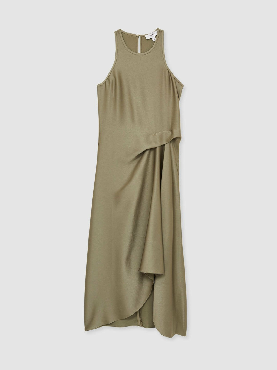 Women Satin Drape Tuck Midi Dress in Khaki