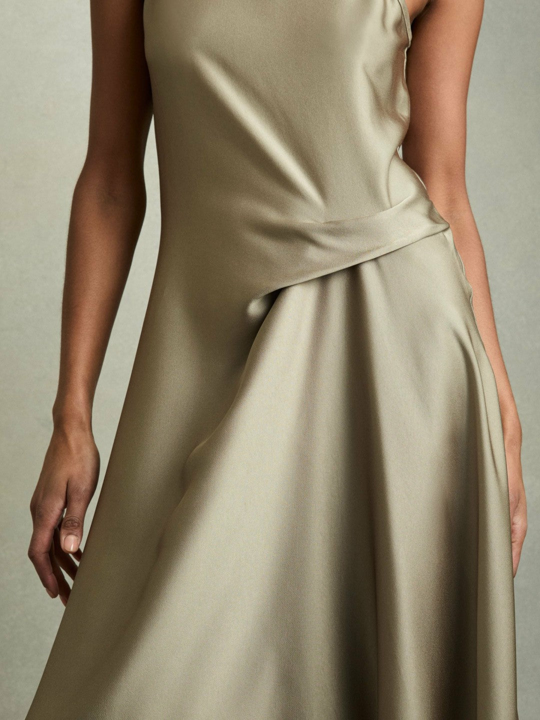 Women Satin Drape Tuck Midi Dress in Khaki
