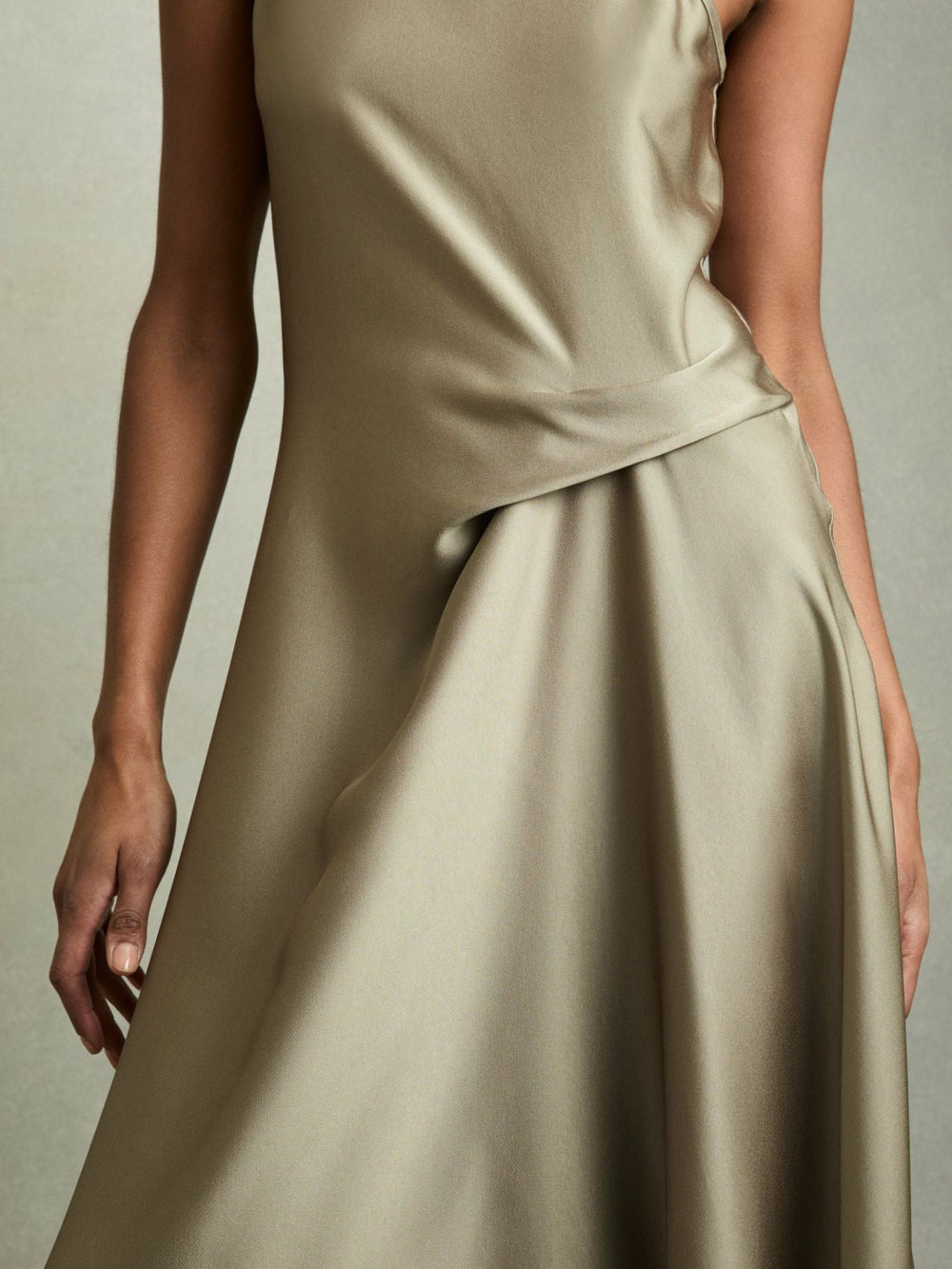 Women Satin Drape Tuck Midi Dress in Khaki