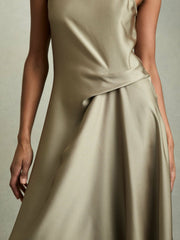 Women Satin Drape Tuck Midi Dress in Khaki