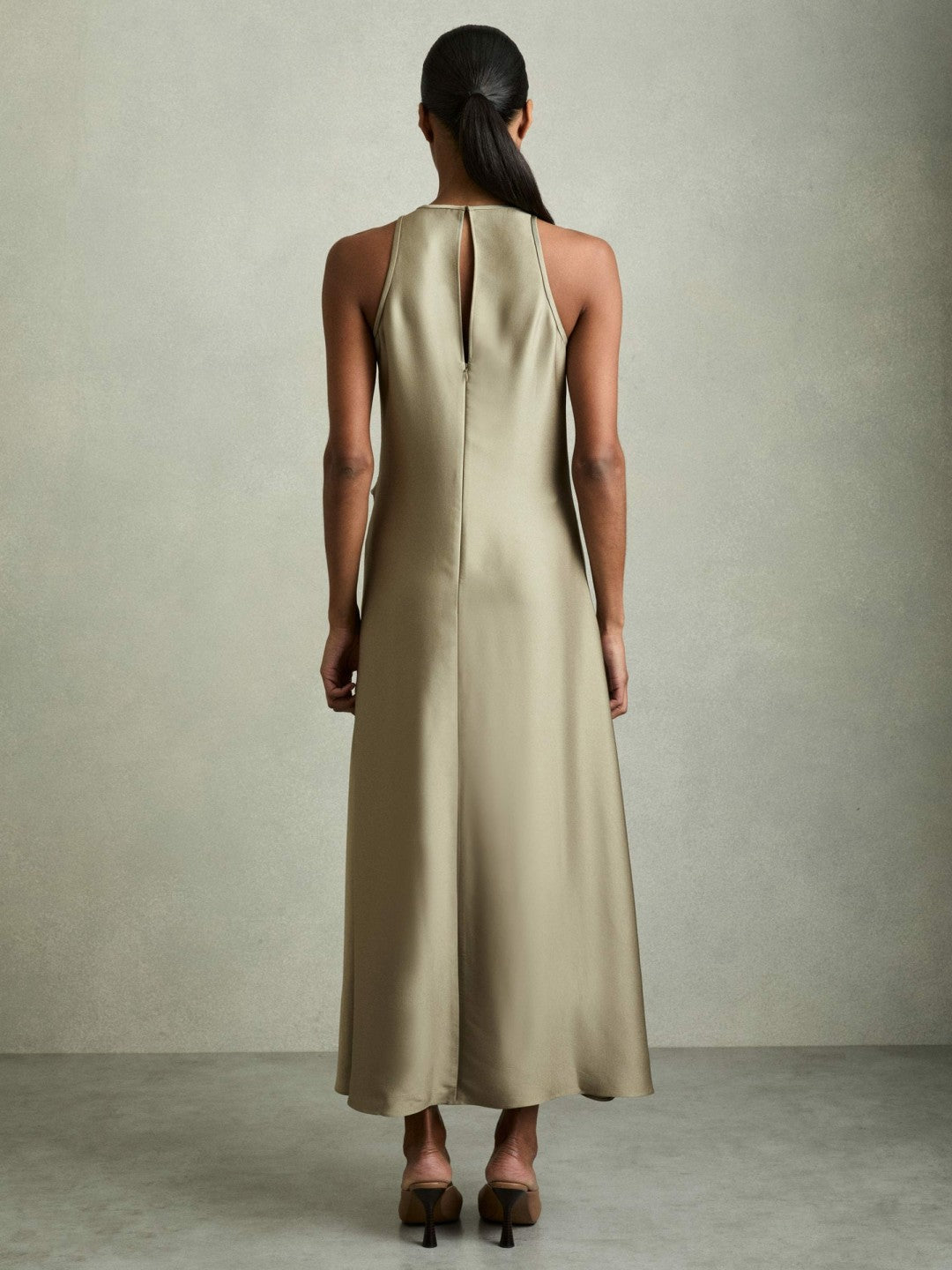 Women Satin Drape Tuck Midi Dress in Khaki