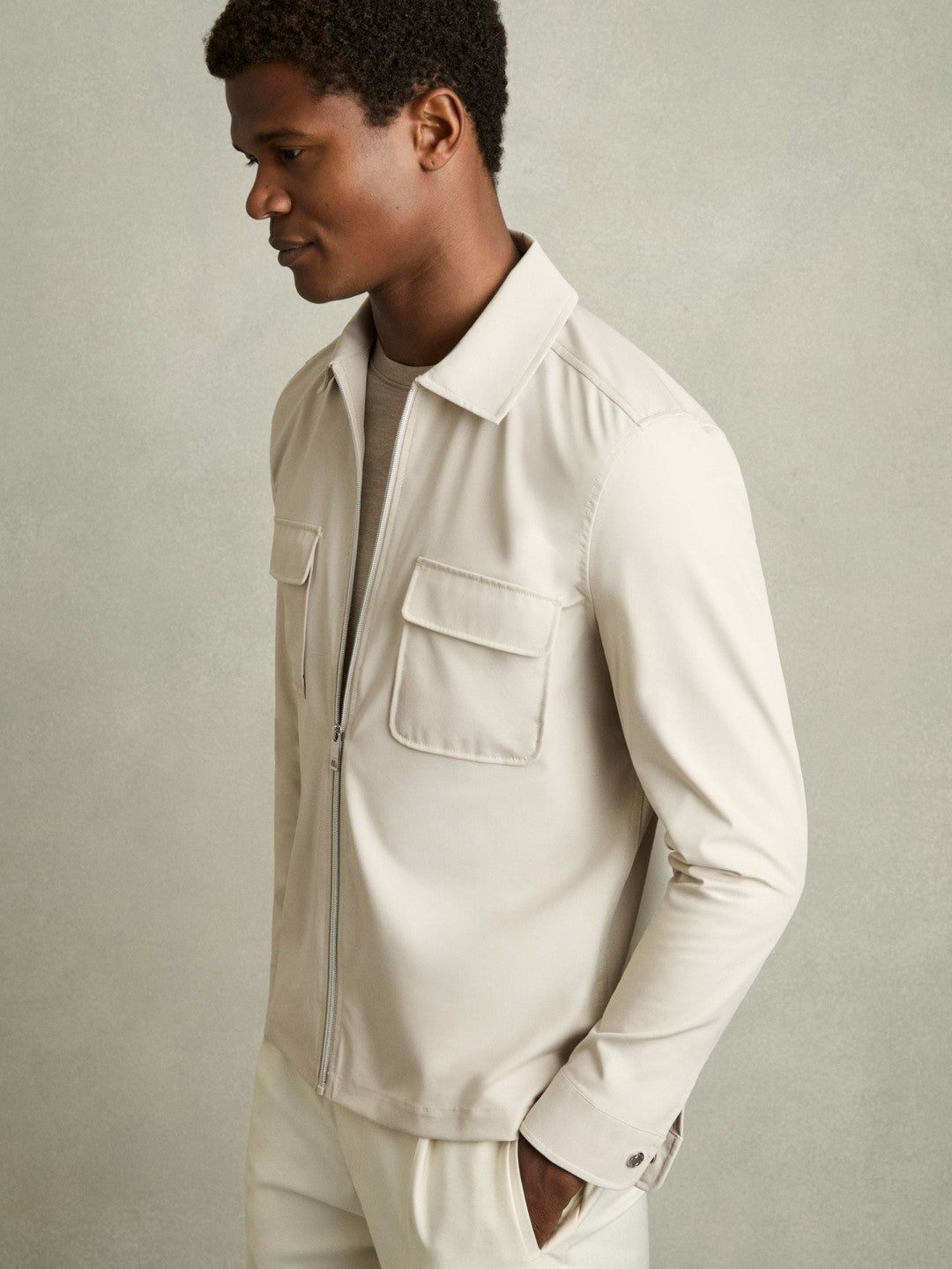Men Technical Zip-Through Overshirt in Stone
