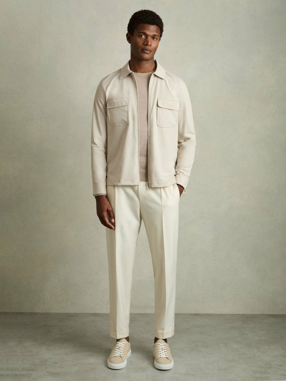 Men Technical Zip-Through Overshirt in Stone