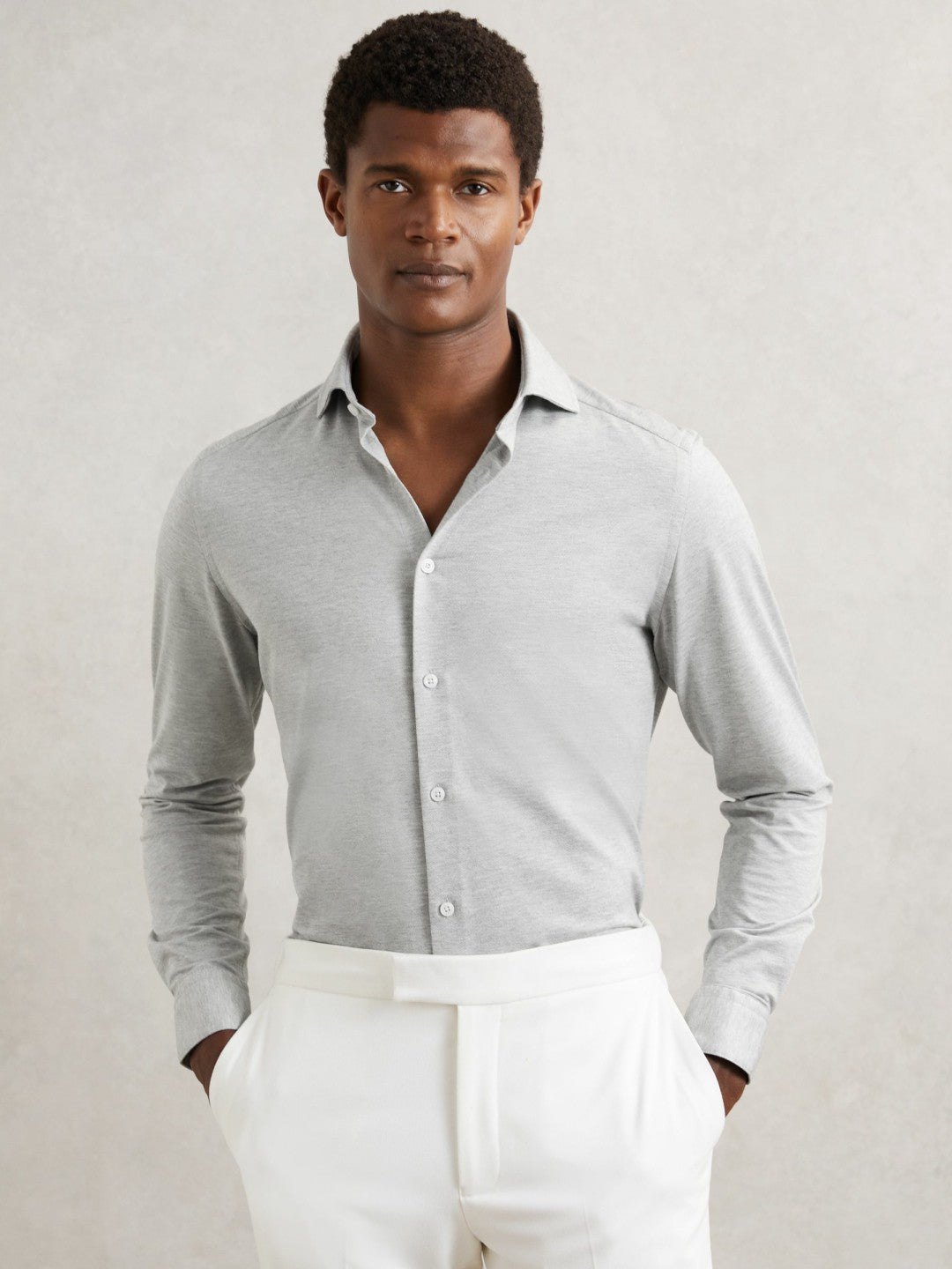 Men Cotton-Blend Jersey Cutaway-Collar Shirt in Grey Melange