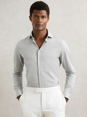 Men Cotton-Blend Jersey Cutaway-Collar Shirt in Grey Melange