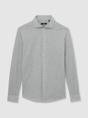 Men Cotton-Blend Jersey Cutaway-Collar Shirt in Grey Melange