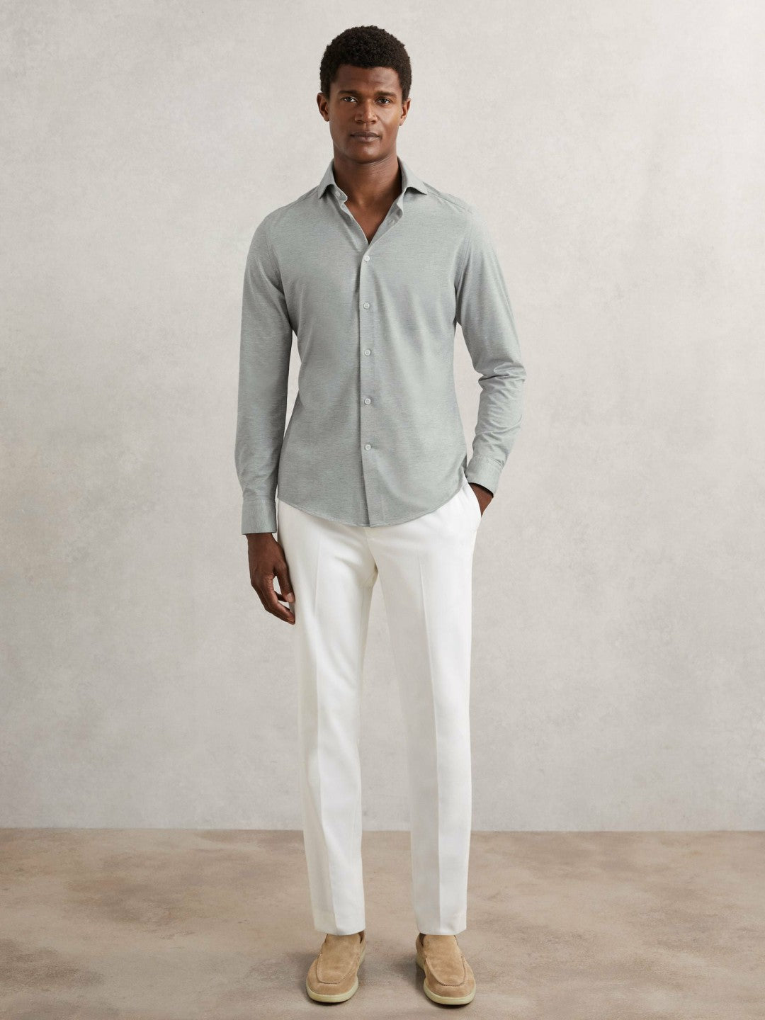 Men Cotton-Blend Jersey Cutaway-Collar Shirt in Grey Melange