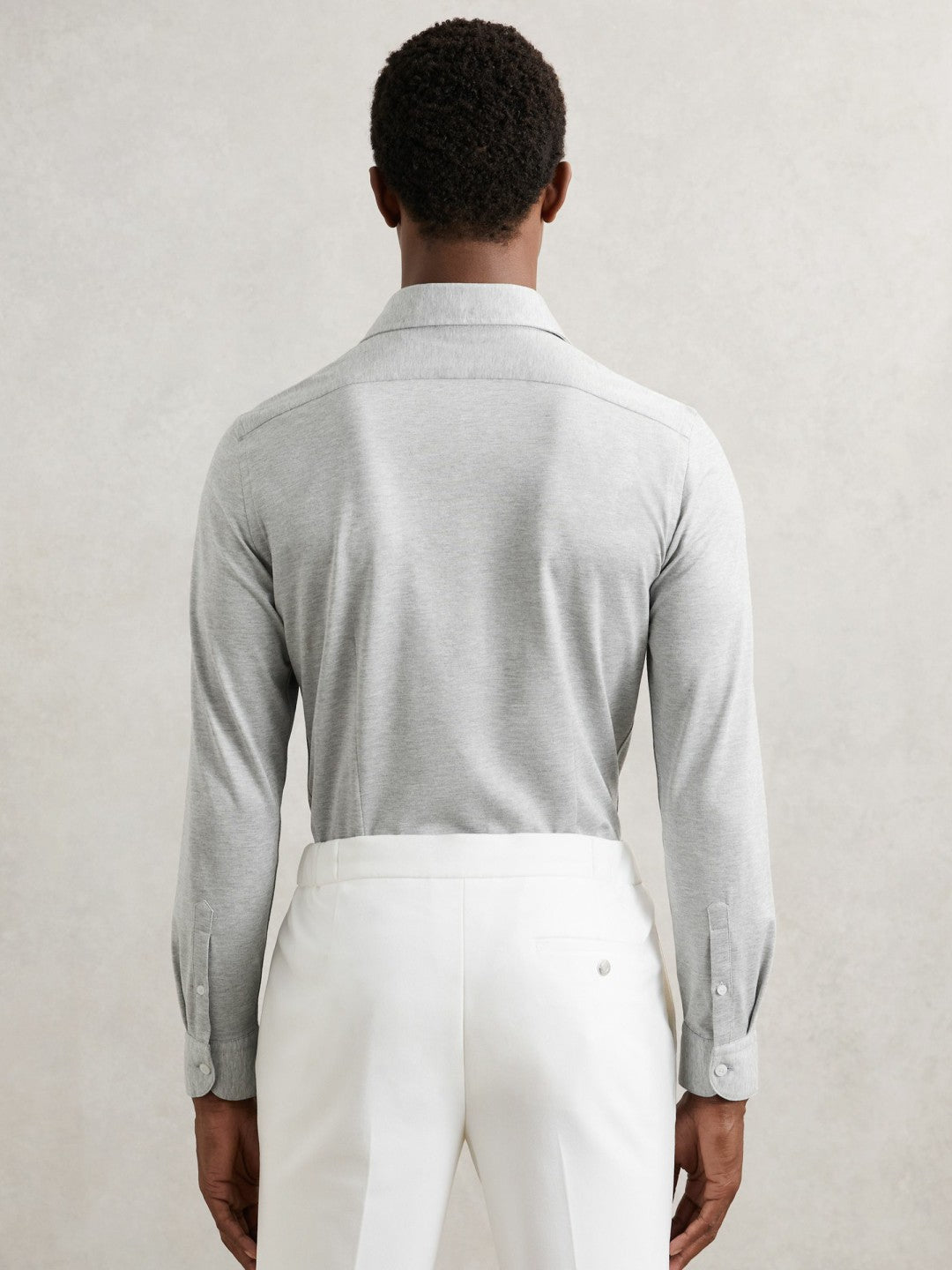 Men Cotton-Blend Jersey Cutaway-Collar Shirt in Grey Melange