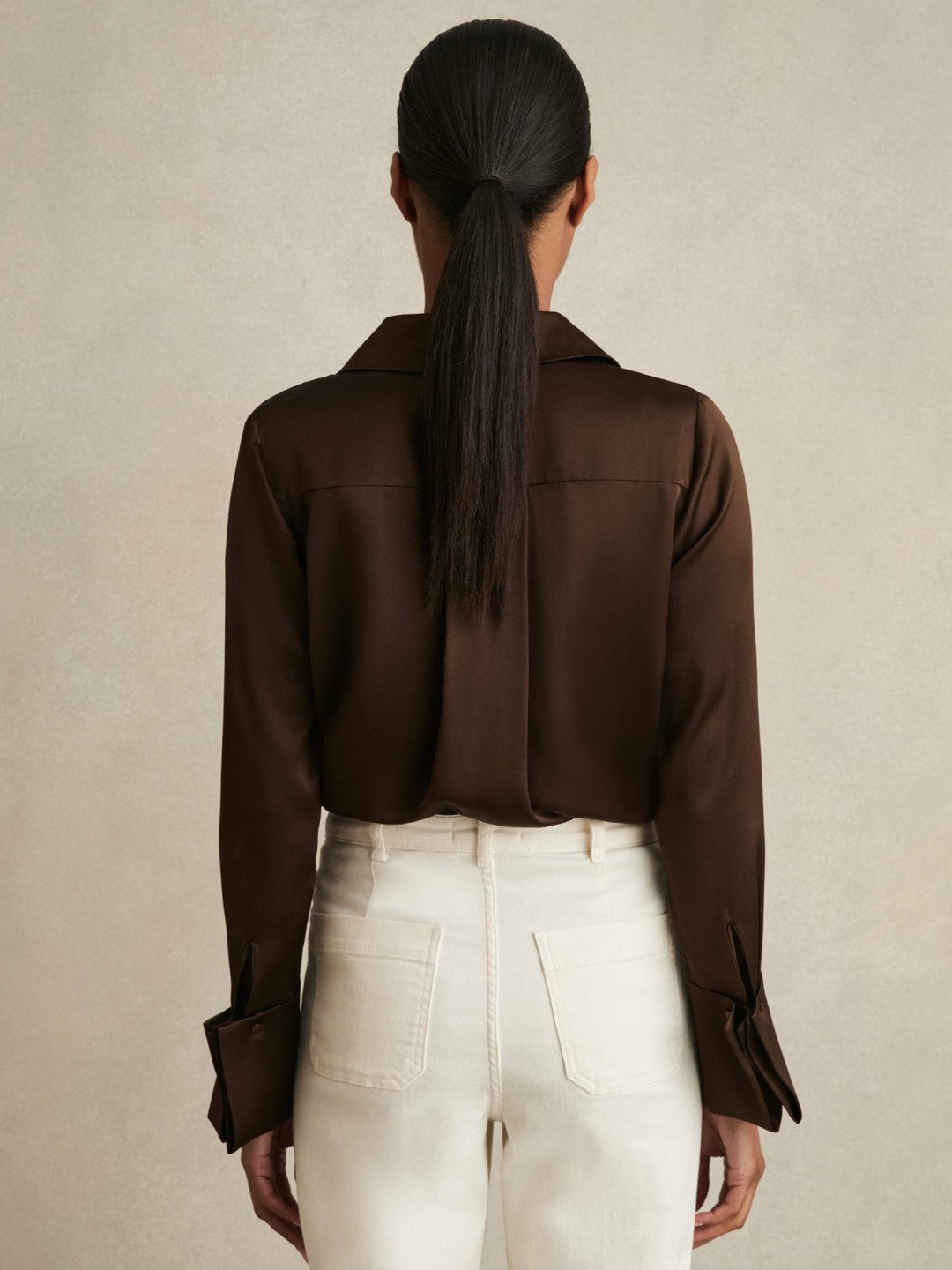 Women Silk Double-Cuff Button-Through Shirt in Chocolate