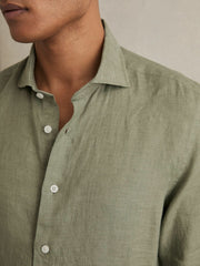 Men Linen Button-Through Shirt in Thyme Green