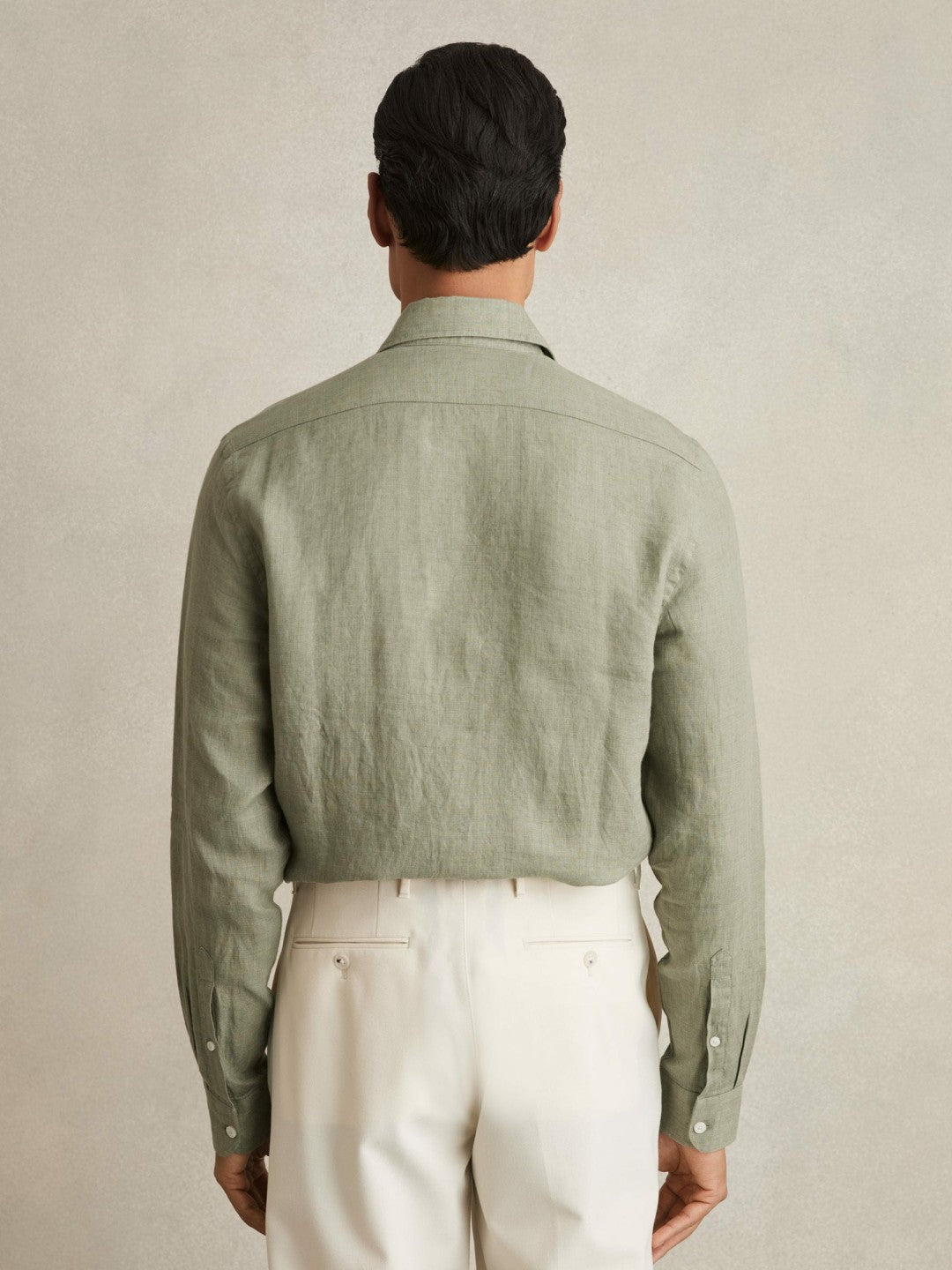Men Linen Button-Through Shirt in Thyme Green