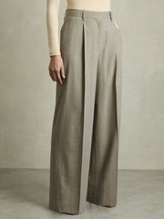 Women Wool-Blend Wide-Leg Pinstripe Trousers in Grey