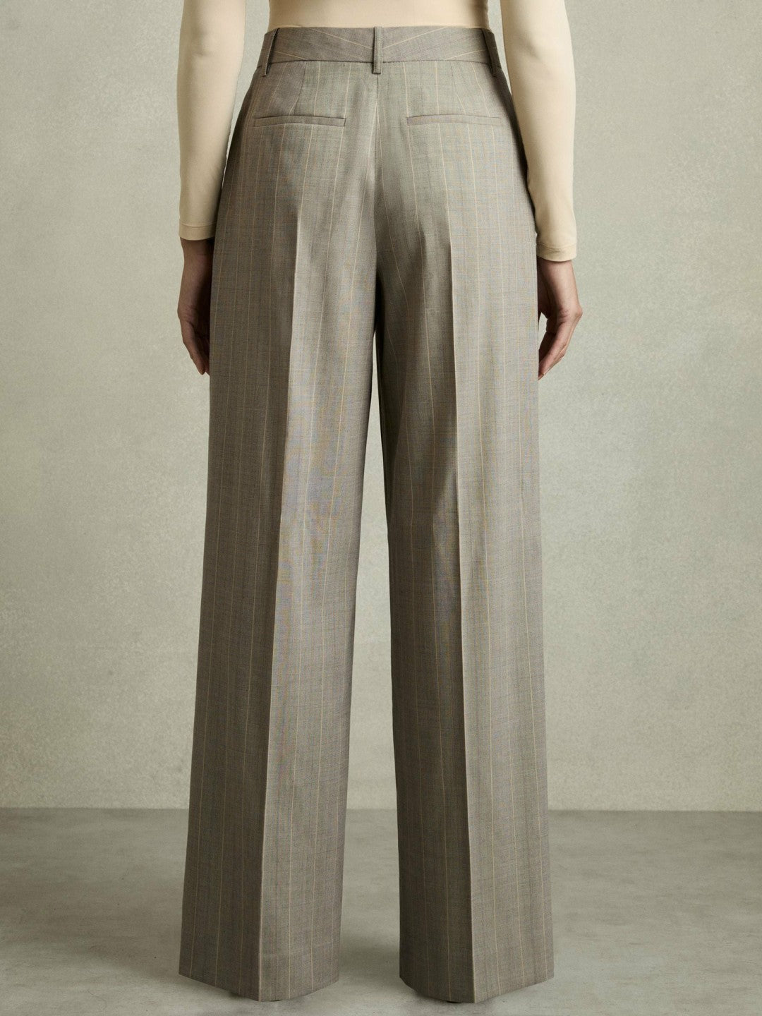 Women Wool-Blend Wide-Leg Pinstripe Trousers in Grey