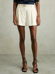 Women Single-Pleat Tailored Shorts in Cream