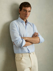 Men Linen Button-Through Shirt in Pale Blue