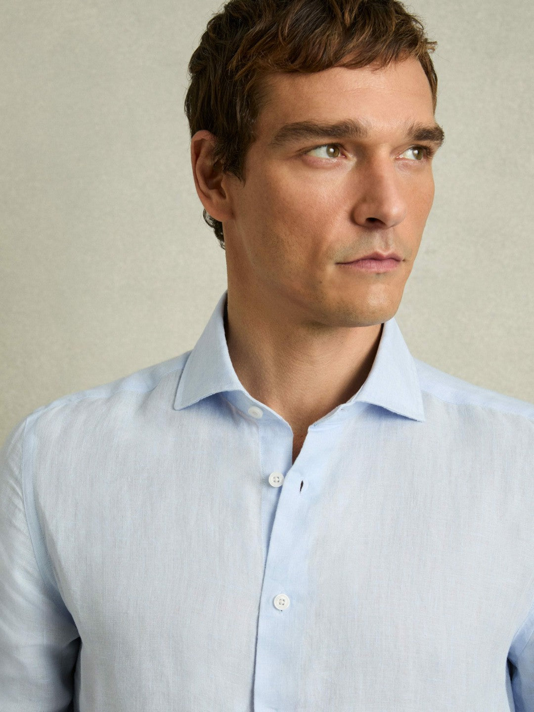 Men Linen Button-Through Shirt in Pale Blue
