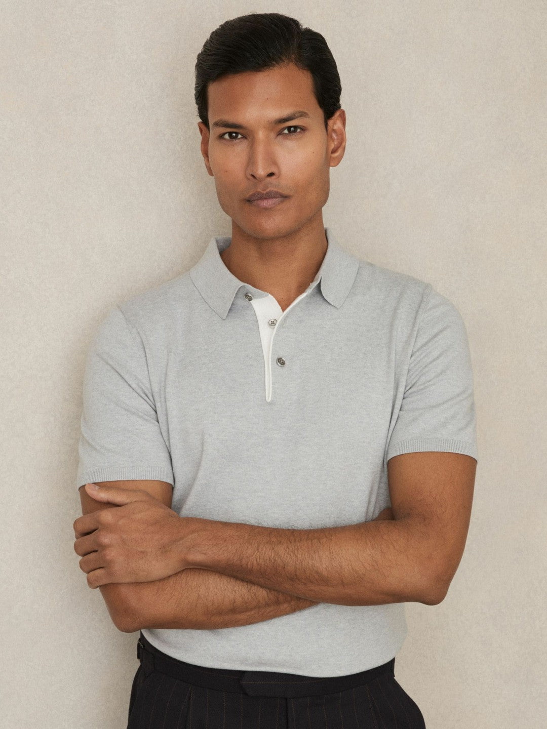 Men Contrast-Placket Polo Shirt With Cotton in Washed Sage Green