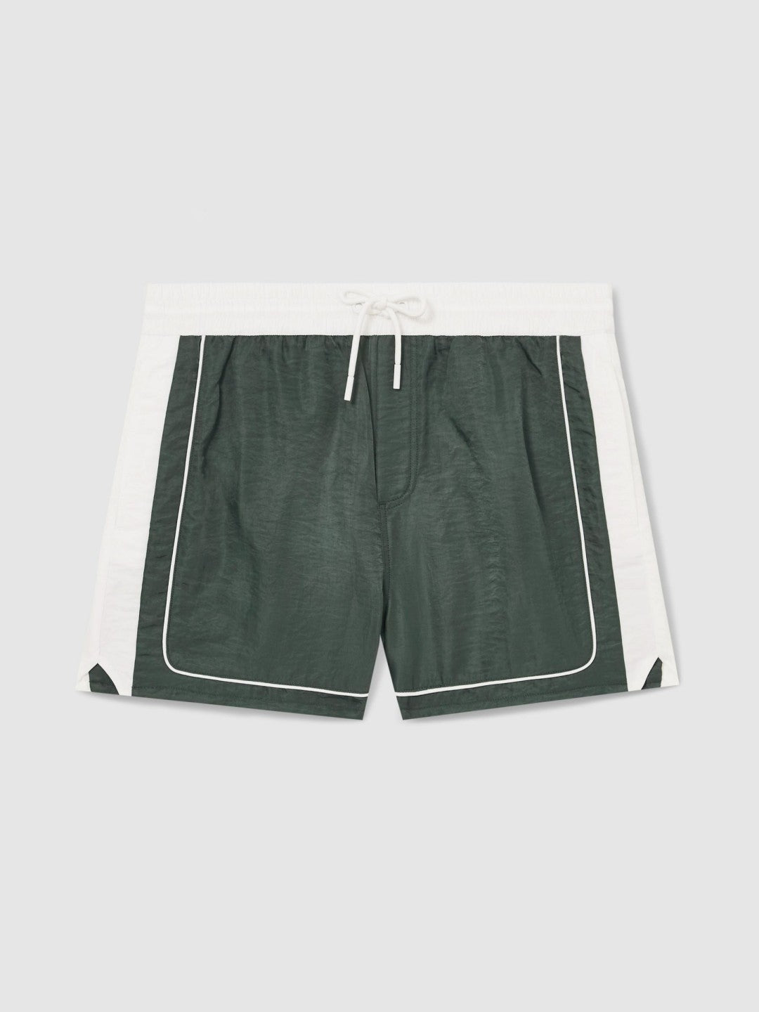 Men Colour-Block Piped-Trim Swim Shorts in Dark Green/White