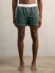 Men Colour-Block Piped-Trim Swim Shorts in Dark Green/White