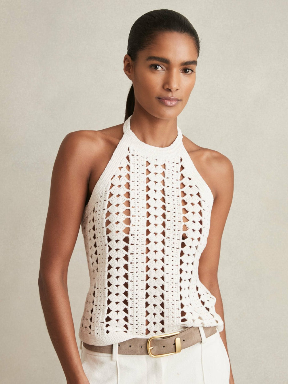 Women Cotton Crochet Halterneck Vest Top in White