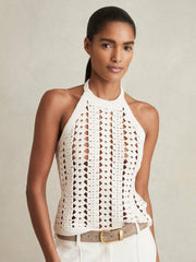 Women Cotton Crochet Halterneck Vest Top in White