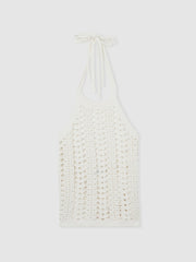 Women Cotton Crochet Halterneck Vest Top in White