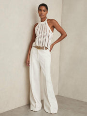 Women Cotton Crochet Halterneck Vest Top in White