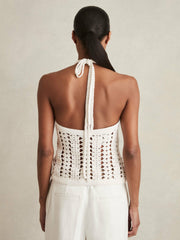 Women Cotton Crochet Halterneck Vest Top in White