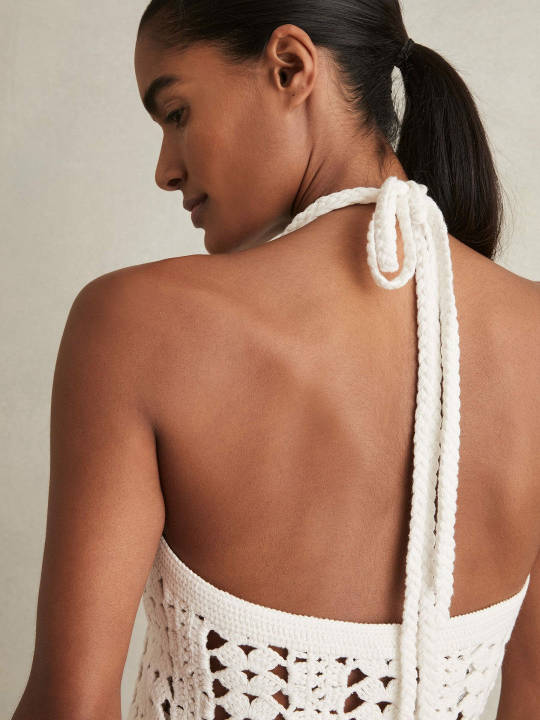 Women Cotton Crochet Halterneck Vest Top in White