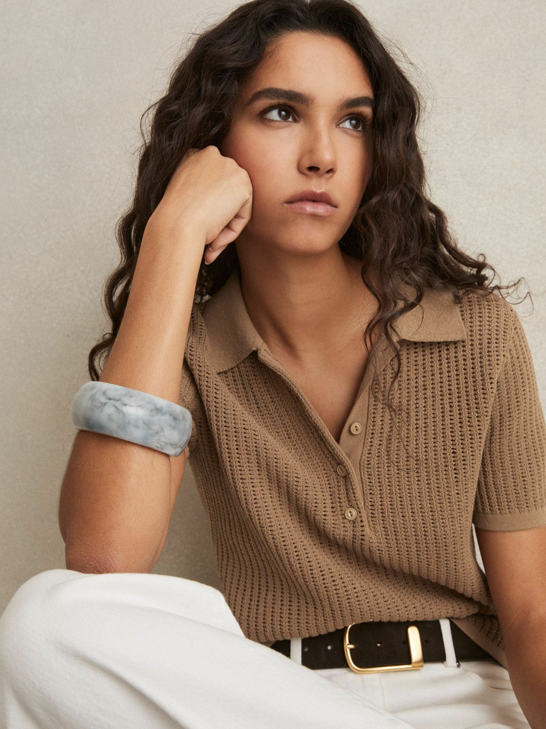 Women Cotton-Blend Open-Knit Polo Shirt in Tan