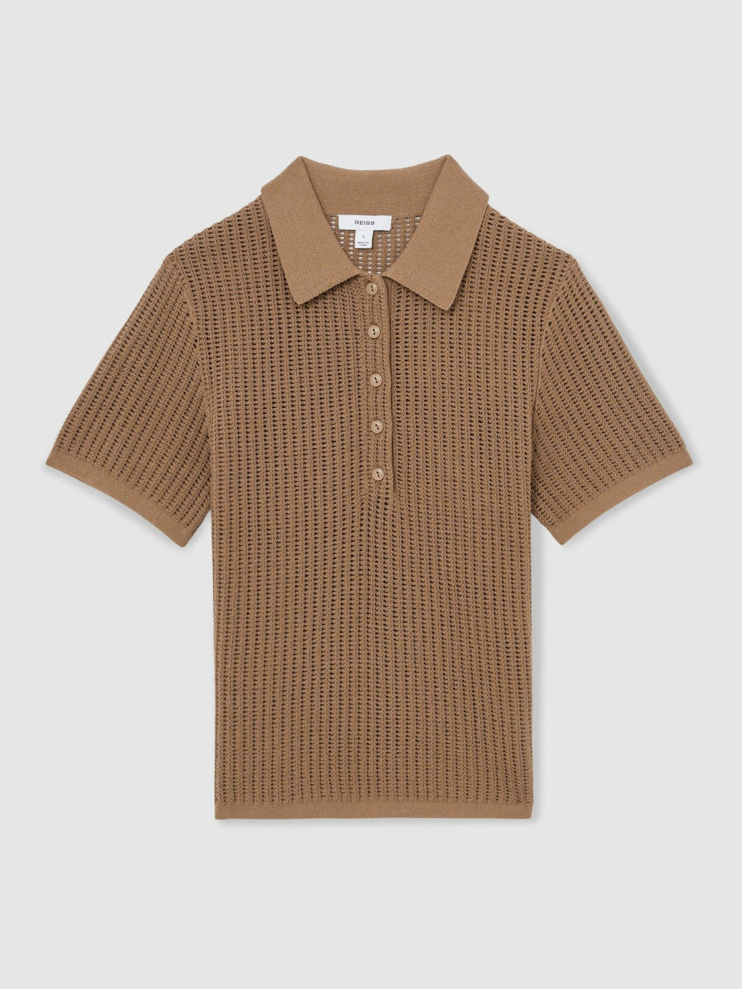 Women Cotton-Blend Open-Knit Polo Shirt in Tan