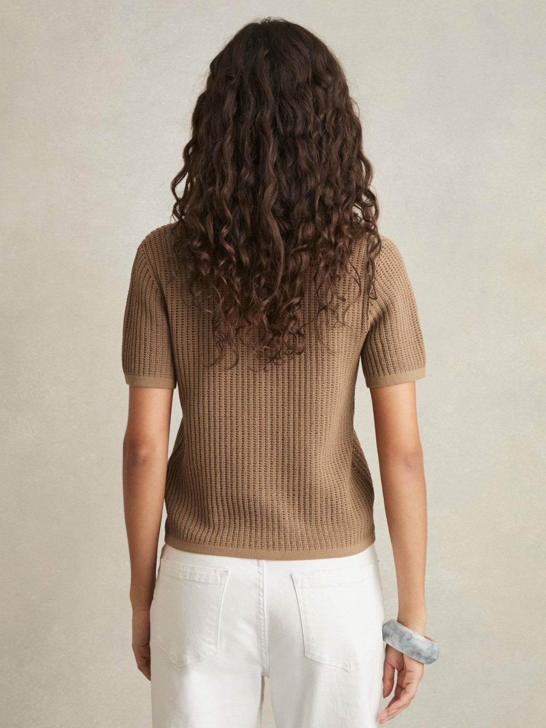 Women Cotton-Blend Open-Knit Polo Shirt in Tan