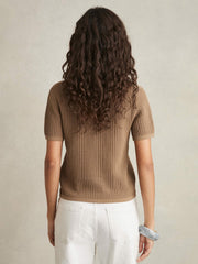 Women Cotton-Blend Open-Knit Polo Shirt in Tan