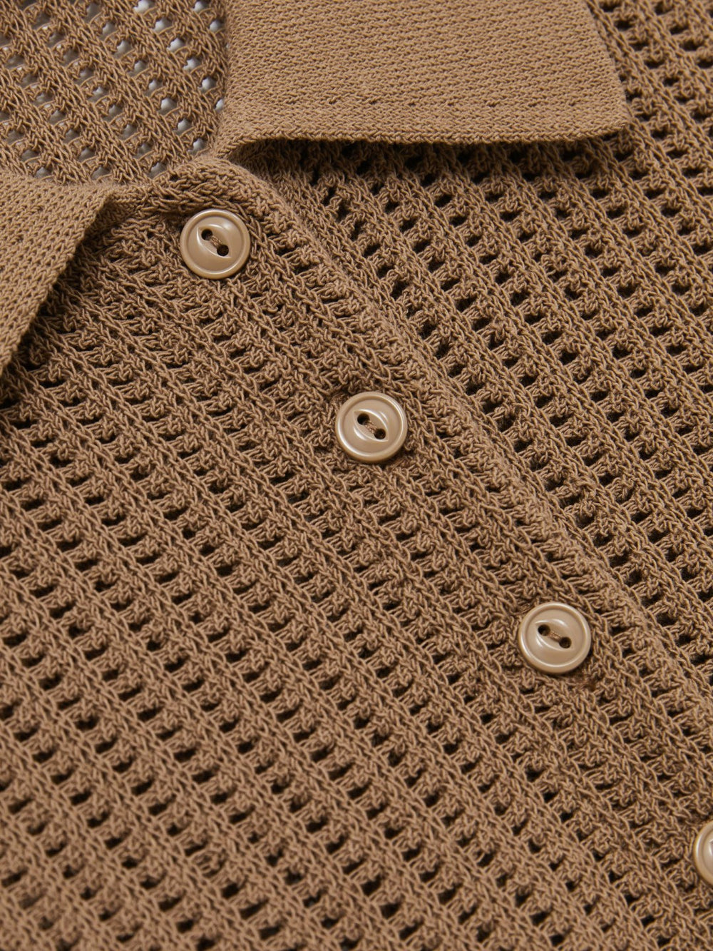 Women Cotton-Blend Open-Knit Polo Shirt in Tan