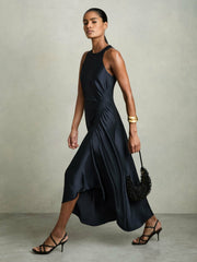 Women Satin Shirred Midi Dress in Navy