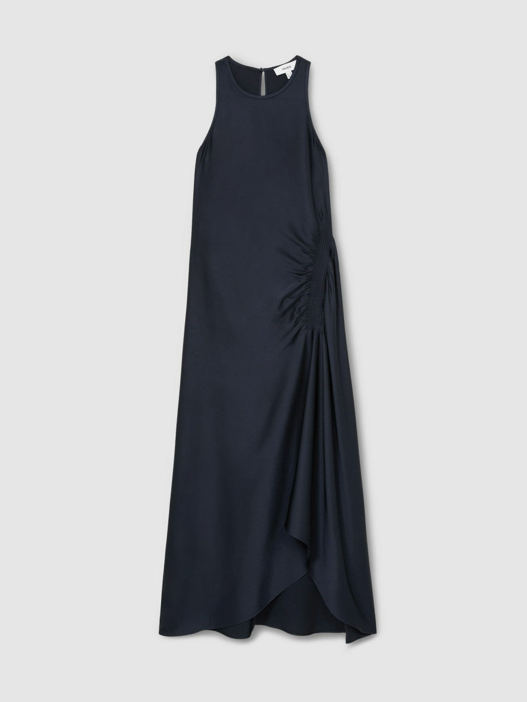 Women Satin Shirred Midi Dress in Navy