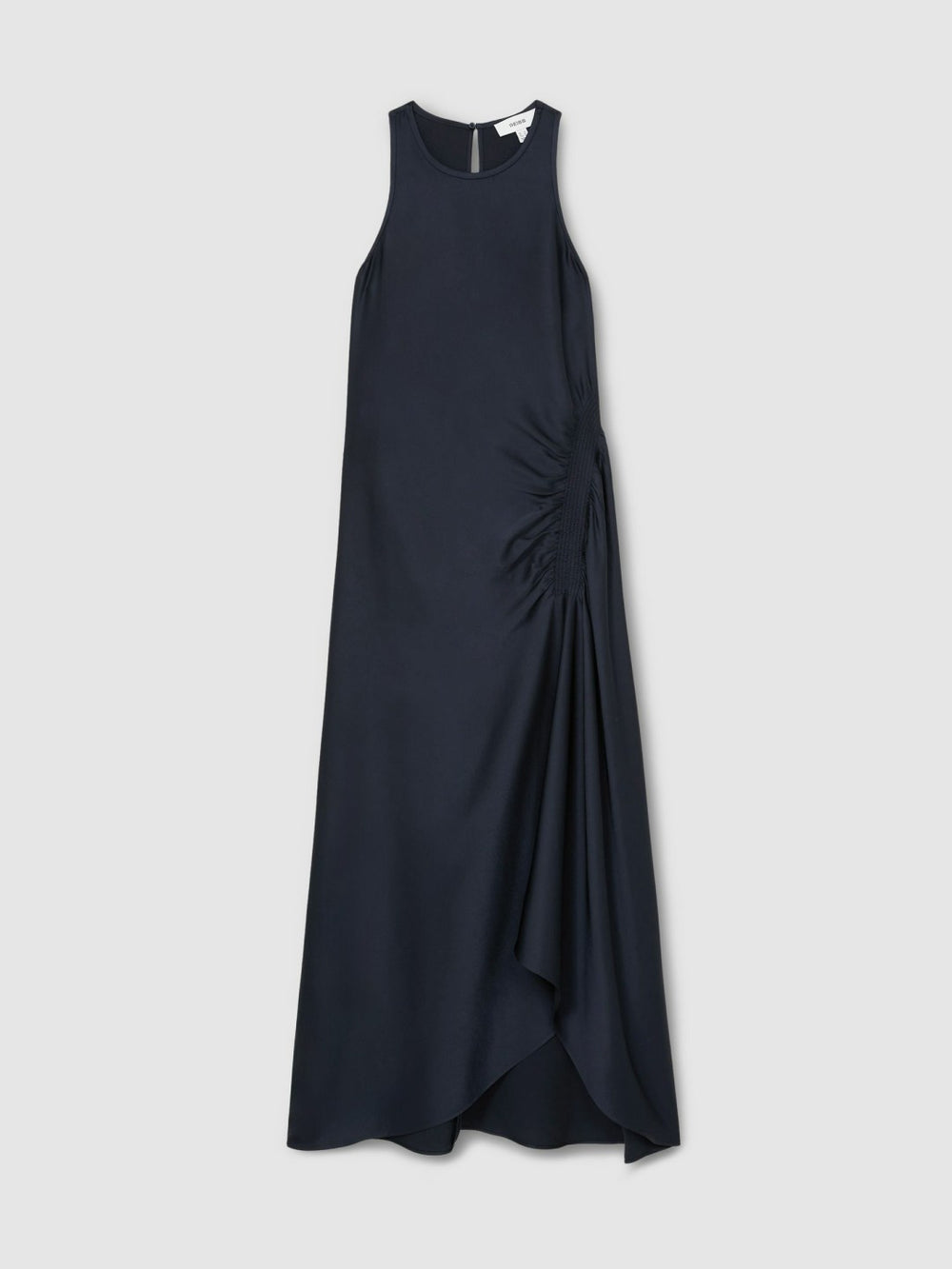 Women Satin Shirred Midi Dress in Navy