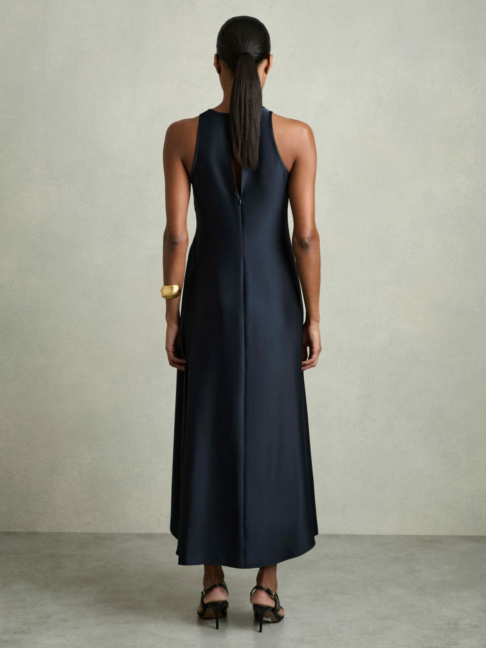 Women Satin Shirred Midi Dress in Navy